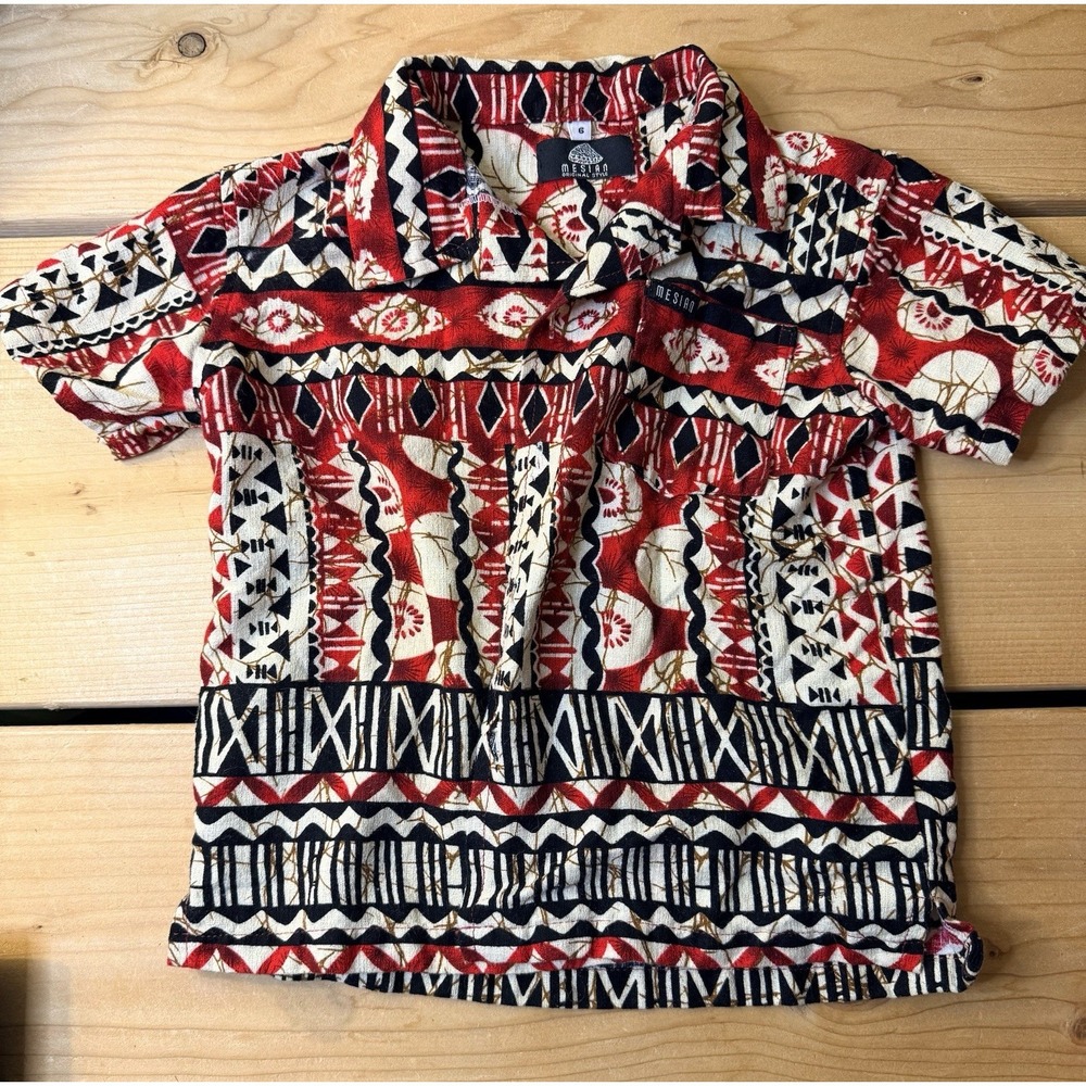 Mesian Short Sleeve Button Up Hawaiian Polynesian Shirt Kids - Size 4/5 Red Blk